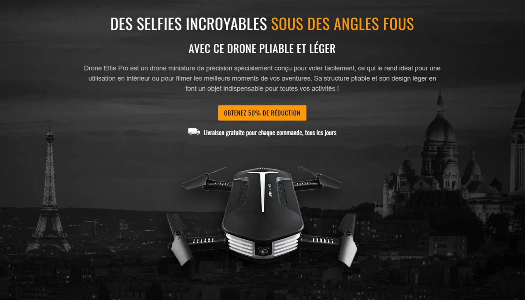 Drone Elfie — boutique Shopify monoproduit réalisée par Hooked Studio